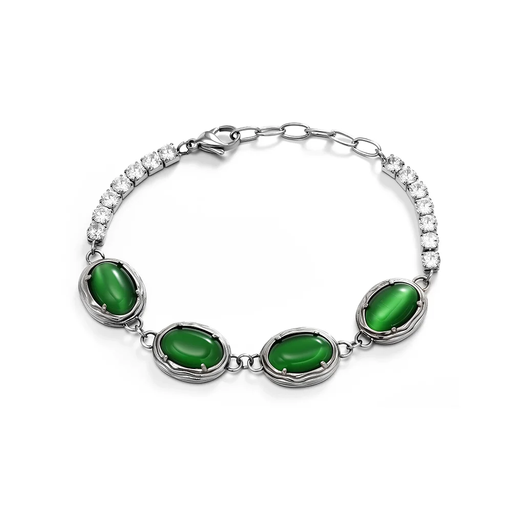 Exquisite bracelet inlaid with green natural spar and titanium steel 