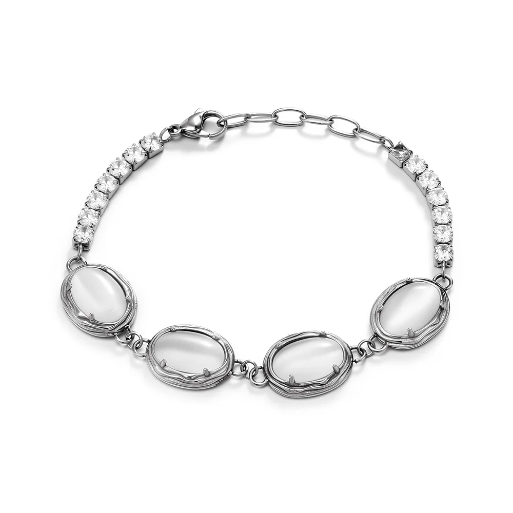 Exquisite bracelet made of titanium steel, adorned with white moonlight inlay and cat's eye stone 