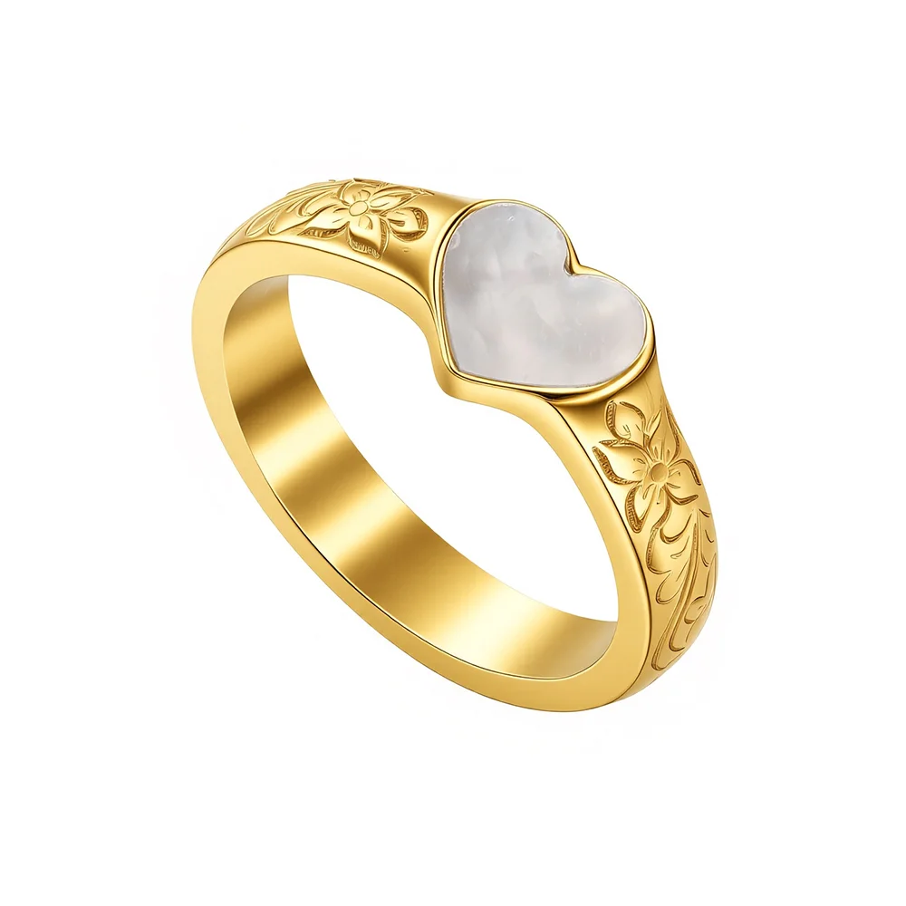 Titanium steel gold-plated pattern with heart-shaped elements embellished ring 